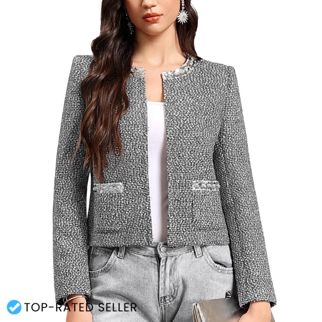 Sequin Tweed Blazer Classic Fitted Cropped Silhouette Elegant Party Wear